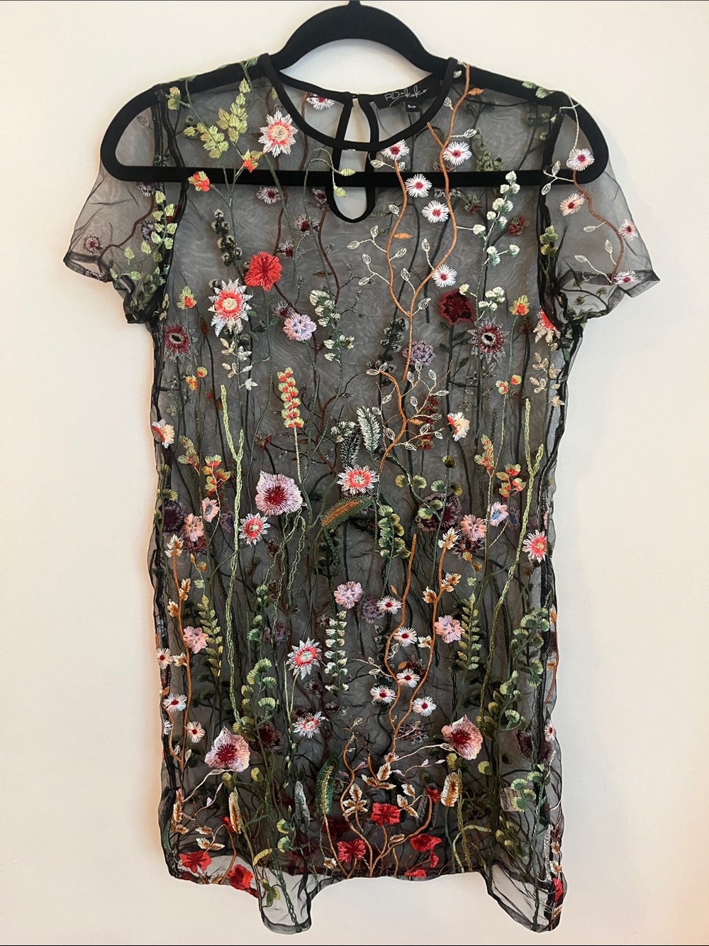 Black Sheer Floral Embroidered Short Sleeve Dress